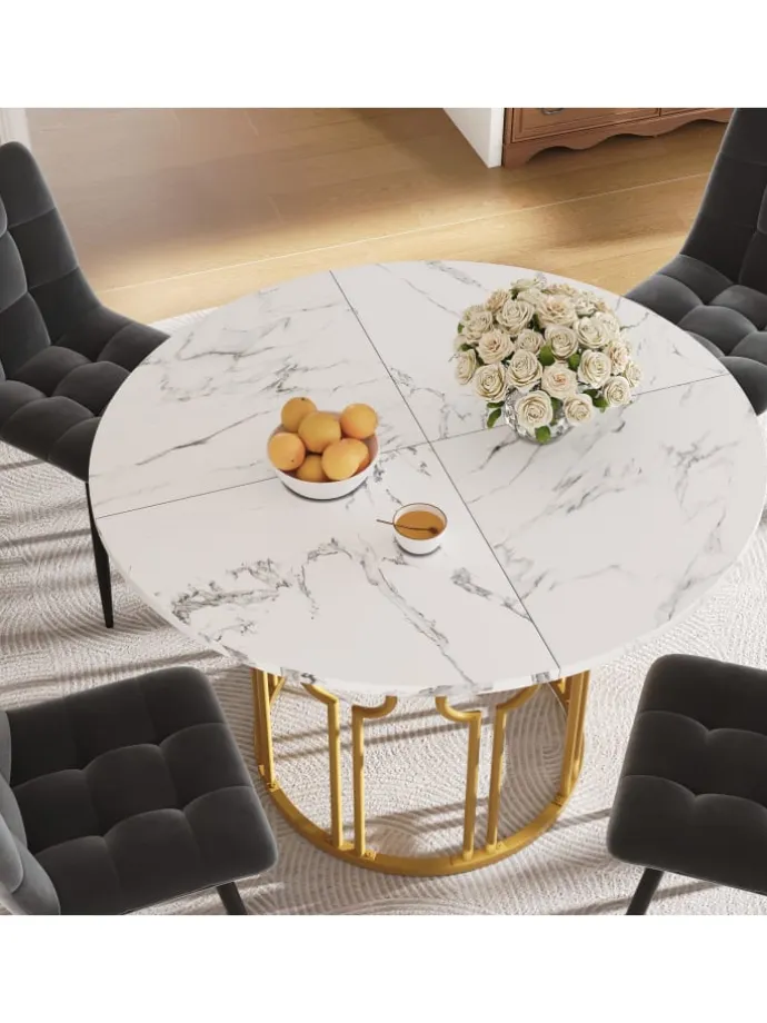 Runder Esstisch in Marmoroptik 100x100x76 cm mit goldenen Metallbeinen