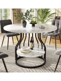 Runder Esstisch in Schwarz 80x80x76 cm mit kleiner Ablageplatte