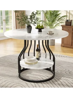 Runder Esstisch in Schwarz 80x80x76 cm mit kleiner Ablageplatte