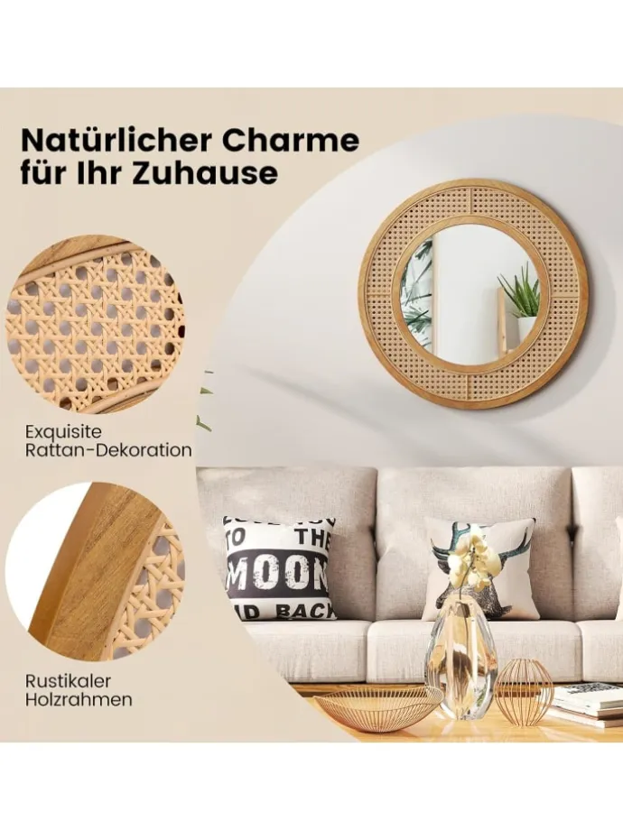 Runder Wandspiegel Rattan in Hellbraun