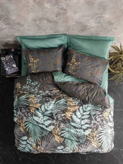 Satin-Bettwäsche-Set in Braun/ Grün