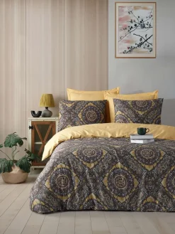 Satin-Bettwäsche-Set in Grau/ Beige