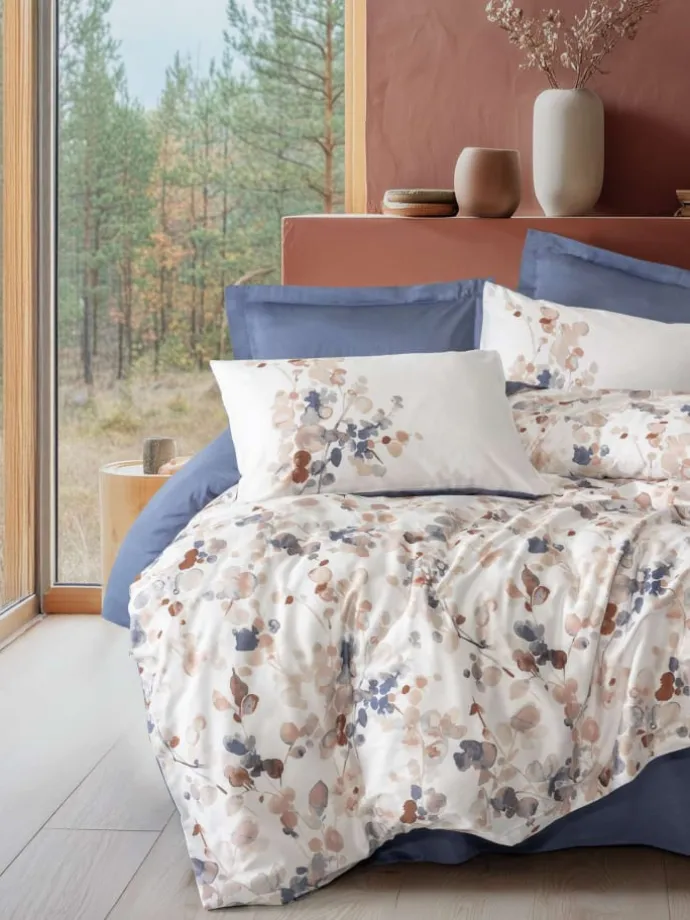 Satin-Bettwäsche-Set "Nebulae" in Weiß/ Blau/ Beige