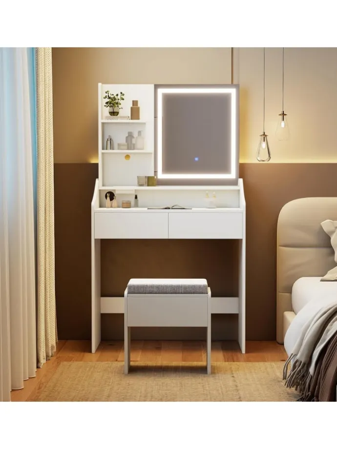Schminktisch mit Hocker & LED Spiegel in Weiß