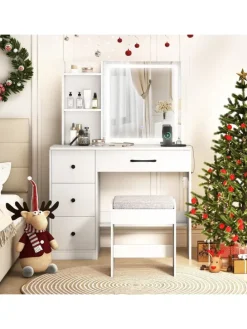 Schminktisch mit LED & Schminkhocker 96 x 40 x 135 cm in Weiß