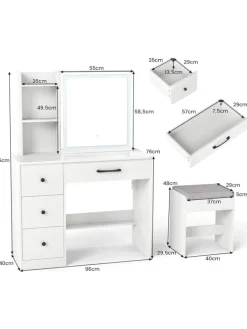 Schminktisch mit LED & Schminkhocker 96 x 40 x 135 cm in Weiß