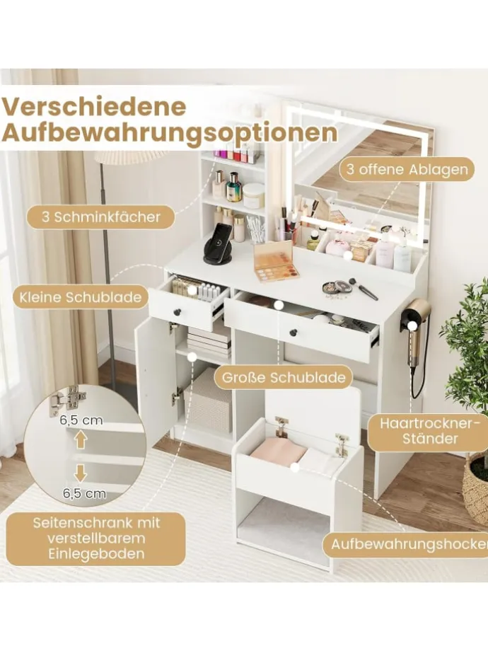 Schminktisch mit LED-Spiegel in Weiß