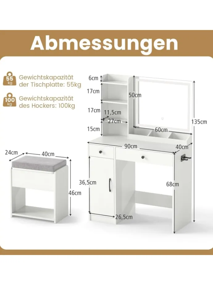 Schminktisch mit LED-Spiegel in Weiß