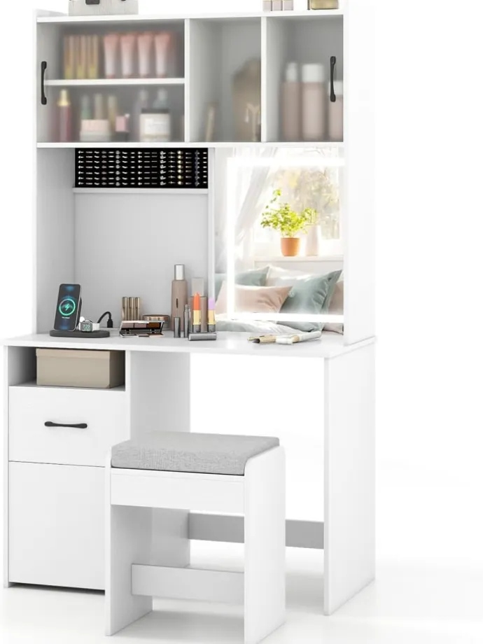 Schminktisch Set mit LED Spiegel & Hocker in Weiß