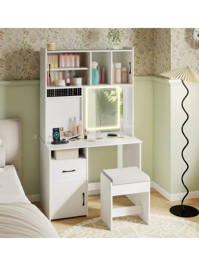Schminktisch Set mit LED Spiegel & Hocker in Weiß