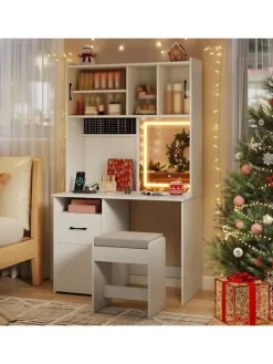 Schminktisch Set mit LED Spiegel & Hocker in Weiß