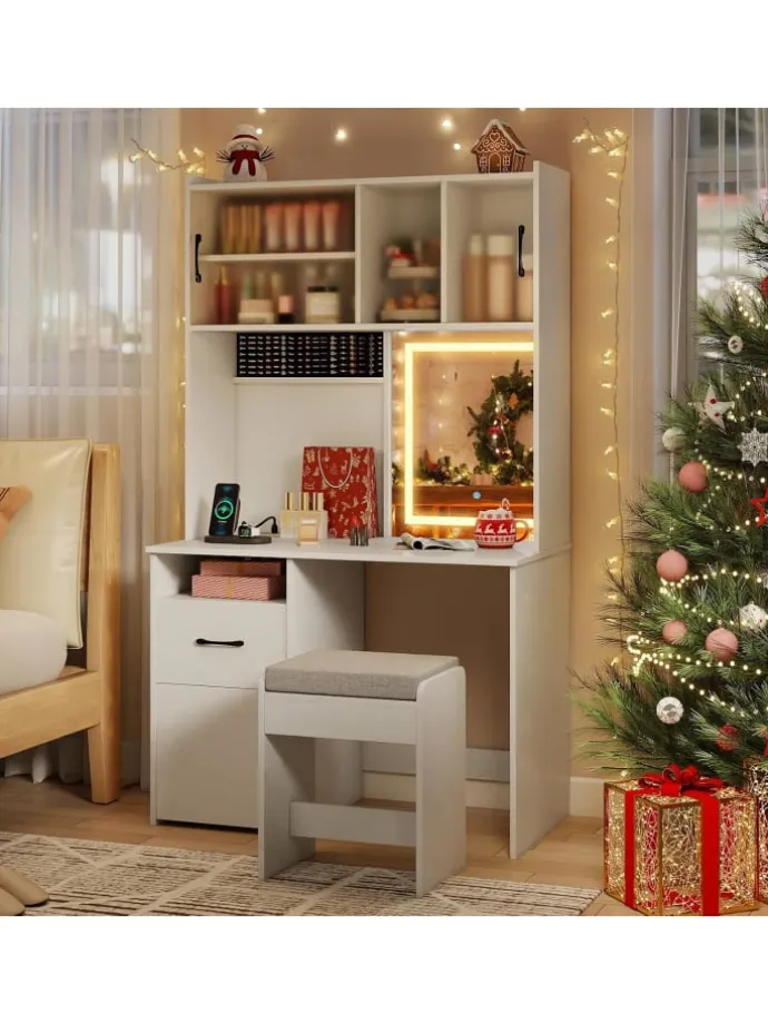 Schminktisch Set mit LED Spiegel & Hocker in Weiß