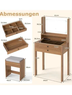 Schminktisch Set mit Steckdosen & LED in Hellbraun
