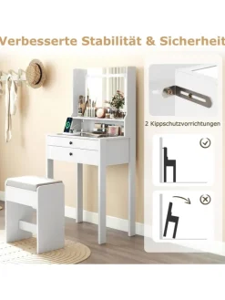 Schminktisch Set mit Steckdosen & LED in Weiß