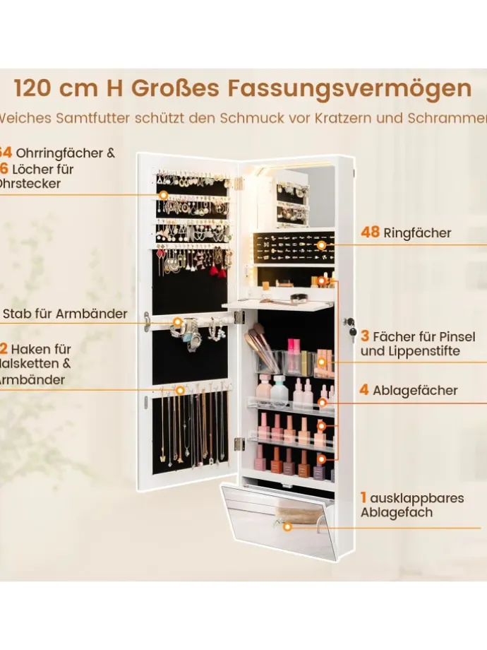 Schmuckschrank hängend mit LED in Weiß