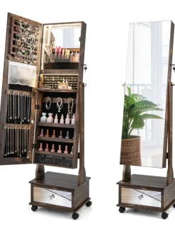 Schmuckschrank LED mit Rollen 159cm in Hellbraun