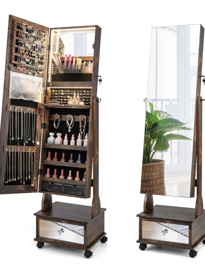 Schmuckschrank LED mit Rollen 159cm in Hellbraun