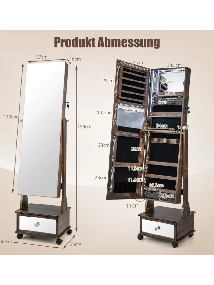 Schmuckschrank LED mit Rollen 159cm in Hellbraun