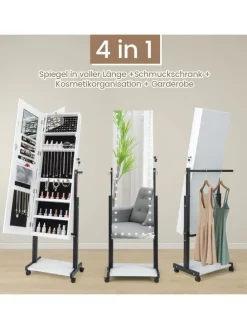 Schmuckschrank LED mit Rollen 4 in 1 in Weiß