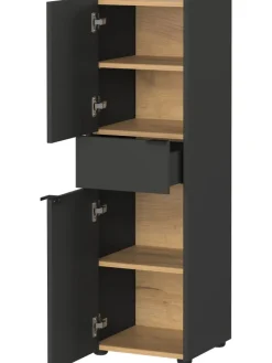 Schrank mit Schublade, 34x34x111 cm, leise Schließtechnik in Grau-Beige