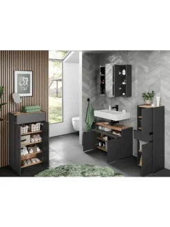 Schrank mit Schublade, 34x34x111 cm, leise Schließtechnik in Grau-Beige