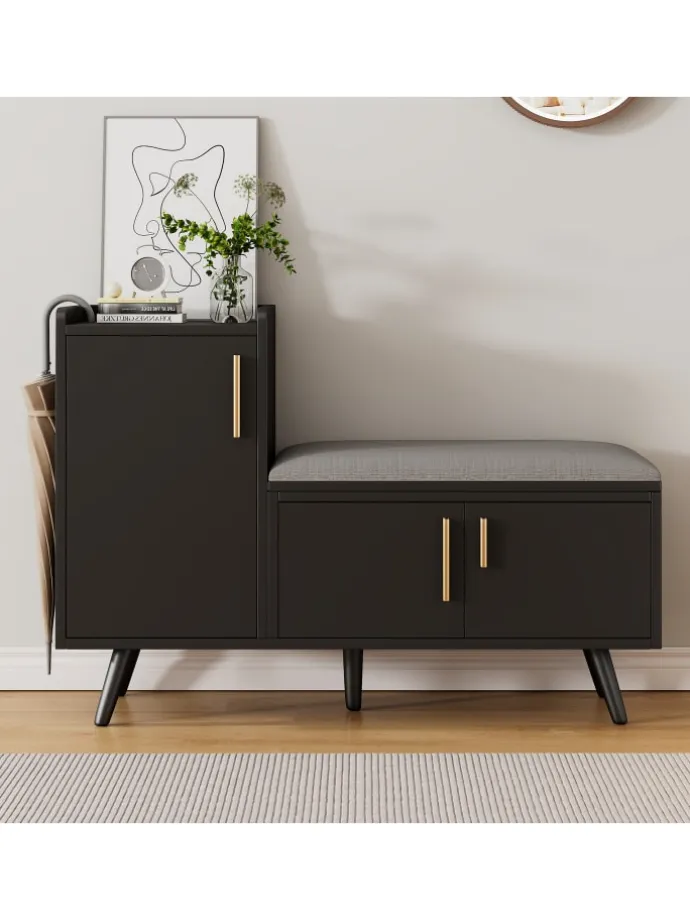 Schuhbank in Schwarz mit 3 Stauraumtüren und Sitzfunktion B100 T34 H69 cm