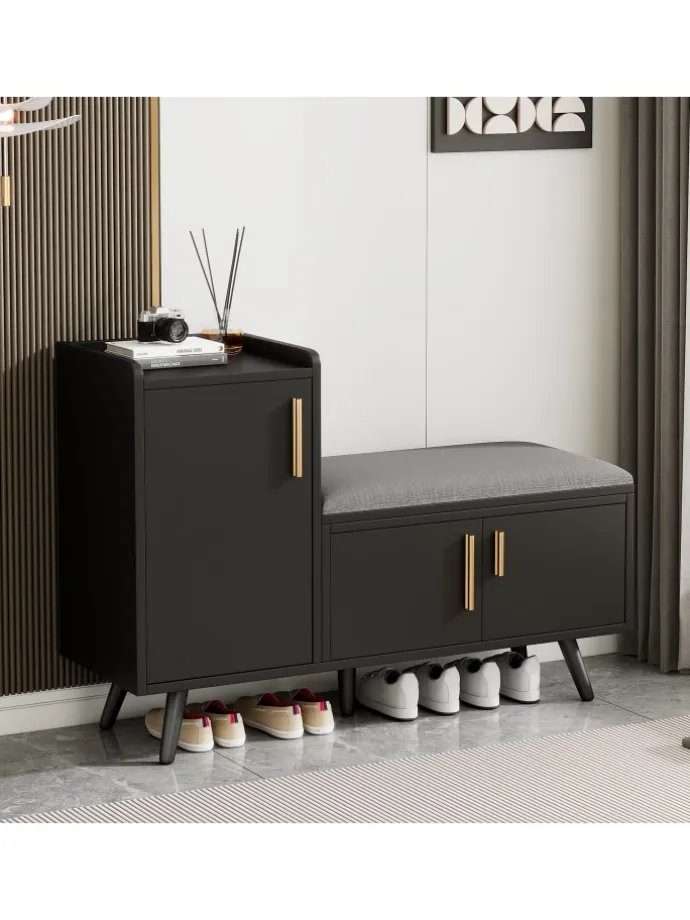 Schuhbank in Schwarz mit 3 Stauraumtüren und Sitzfunktion B100 T34 H69 cm