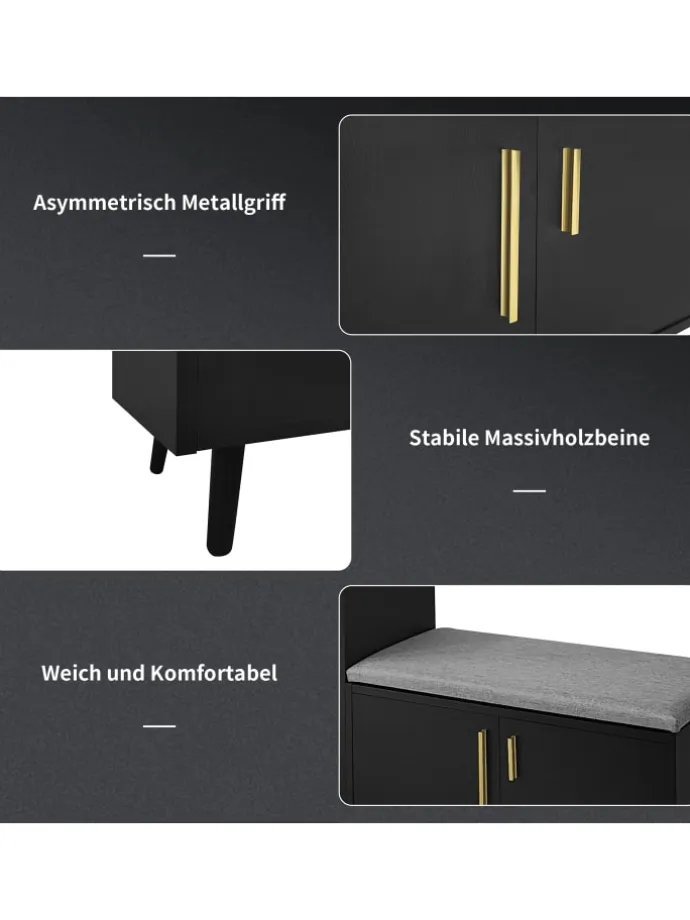 Schuhbank in Schwarz mit 3 Stauraumtüren und Sitzfunktion B100 T34 H69 cm