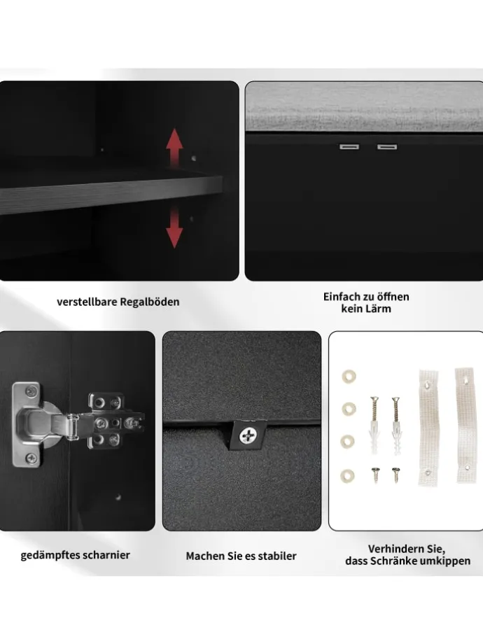 Schuhbank in Schwarz mit 3 Stauraumtüren und Sitzfunktion B100 T34 H69 cm