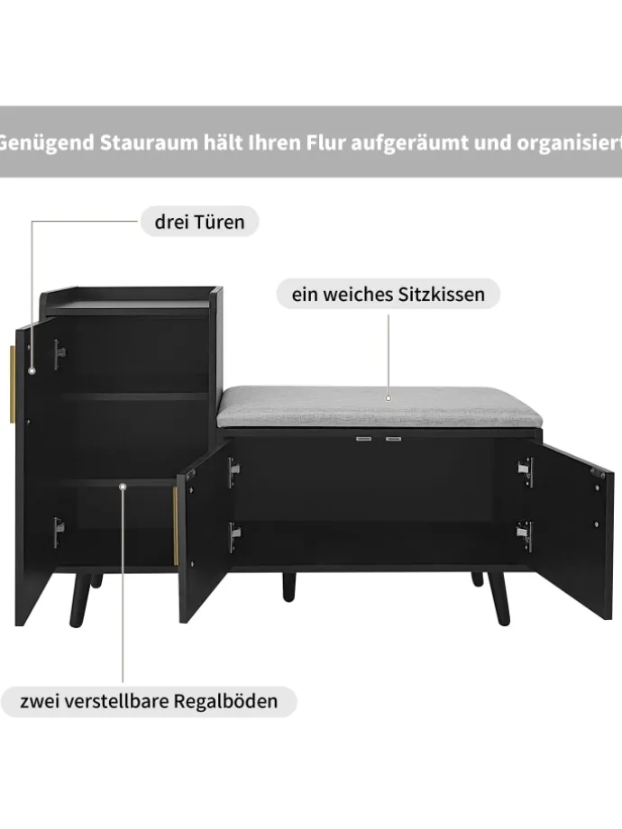 Schuhbank in Schwarz mit 3 Stauraumtüren und Sitzfunktion B100 T34 H69 cm