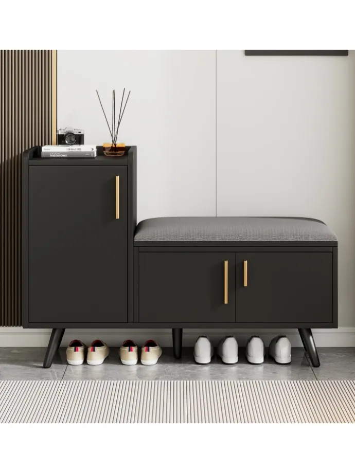 Schuhbank in Schwarz mit 3 Stauraumtüren und Sitzfunktion B100 T34 H69 cm