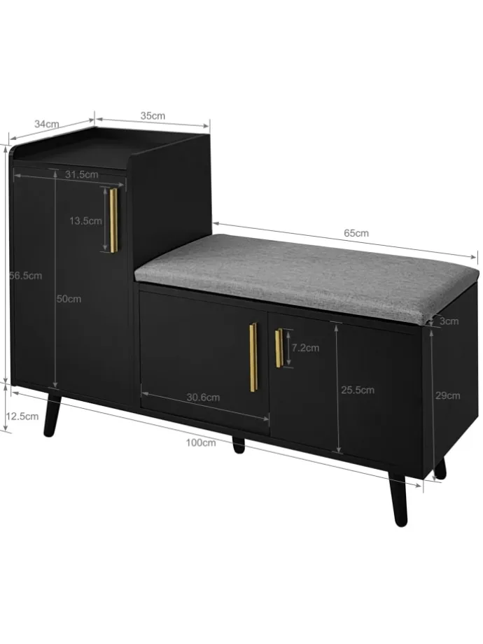 Schuhbank in Schwarz mit 3 Stauraumtüren und Sitzfunktion B100 T34 H69 cm