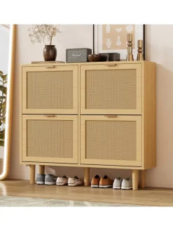 Schuhkommode in Braun mit Rattan-Schubladen 100x25x90 cm