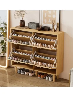 Schuhkommode in Braun mit Rattan-Schubladen 100x25x90 cm