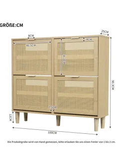 Schuhkommode in Braun mit Rattan-Schubladen 100x25x90 cm