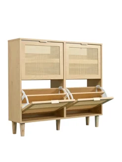 Schuhkommode in Braun mit Rattan-Schubladen 100x25x90 cm