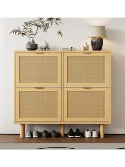 Schuhkommode in Braun mit Rattan-Schubladen 100x25x90 cm