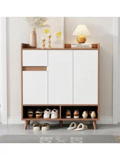 Schuhschrank in Natürlich mit verstellbaren Einlegeböden H99 B90 T35 cm