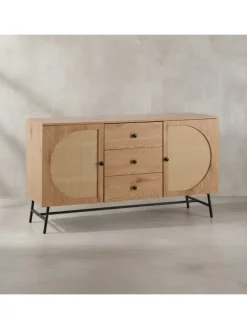 Sideboard 140x80x40 cm Kommode Eiche-Dekor mit Rattan Geflecht