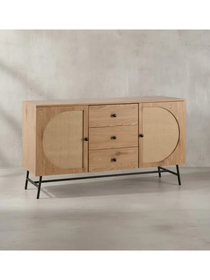 Sideboard 140x80x40 cm Kommode Eiche-Dekor mit Rattan Geflecht