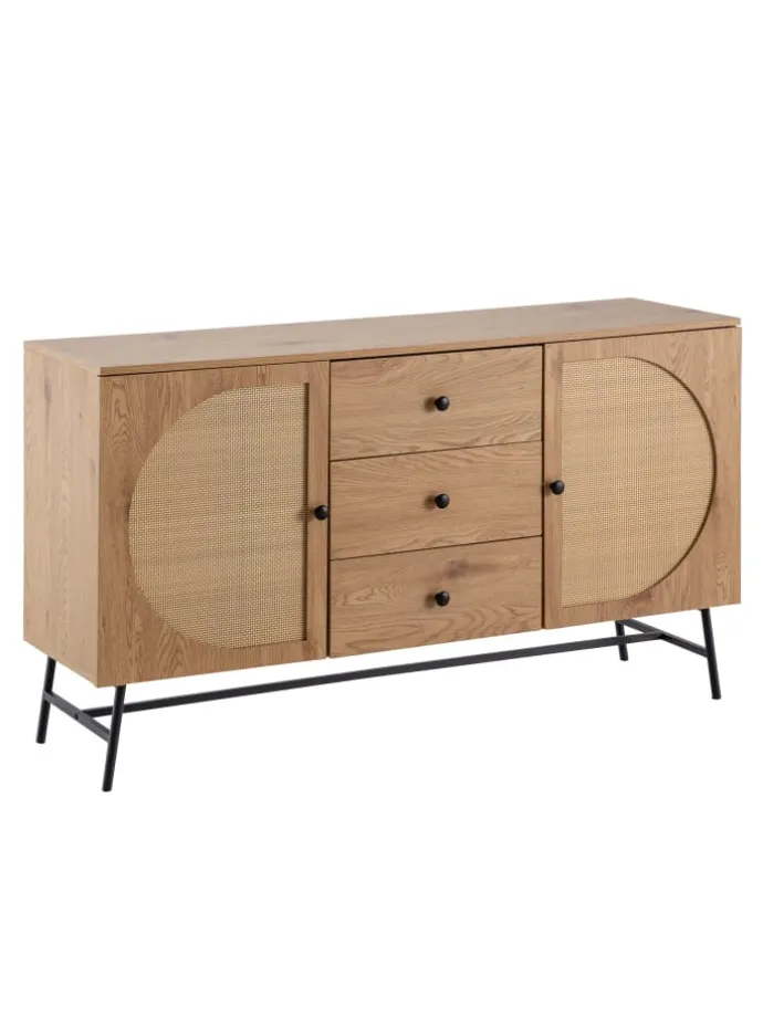 Sideboard 140x80x40 cm Kommode Eiche-Dekor mit Rattan Geflecht