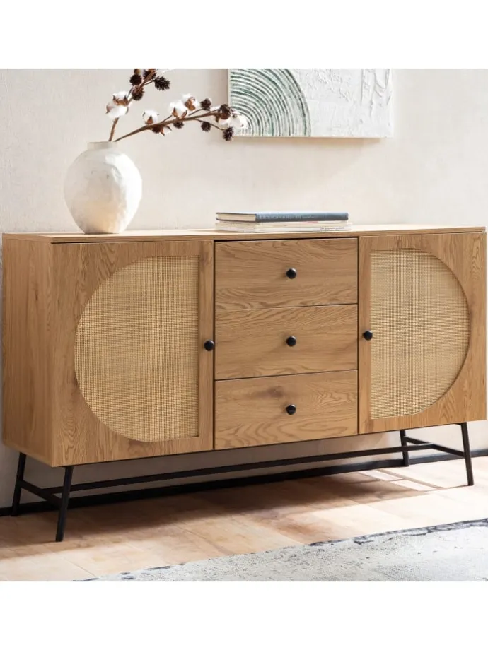 Sideboard 140x80x40 cm Kommode Eiche-Dekor mit Rattan Geflecht