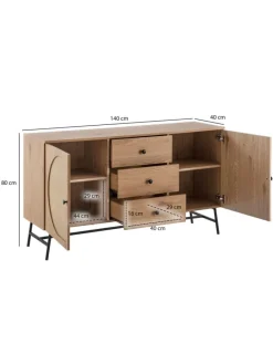 Sideboard 140x80x40 cm Kommode Eiche-Dekor mit Rattan Geflecht