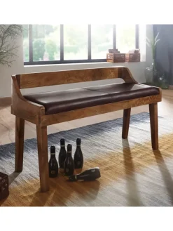 Sitzbank | Echtleder/Holz, 108x63x43cm, Rückenlehne