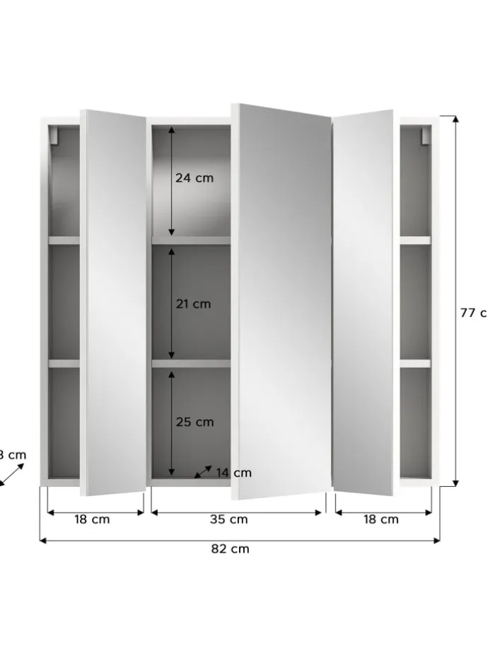 Spiegelschrank in weiß Melamin/weiß hochglanz - (B) 82 x (H) 77 x (T) 18