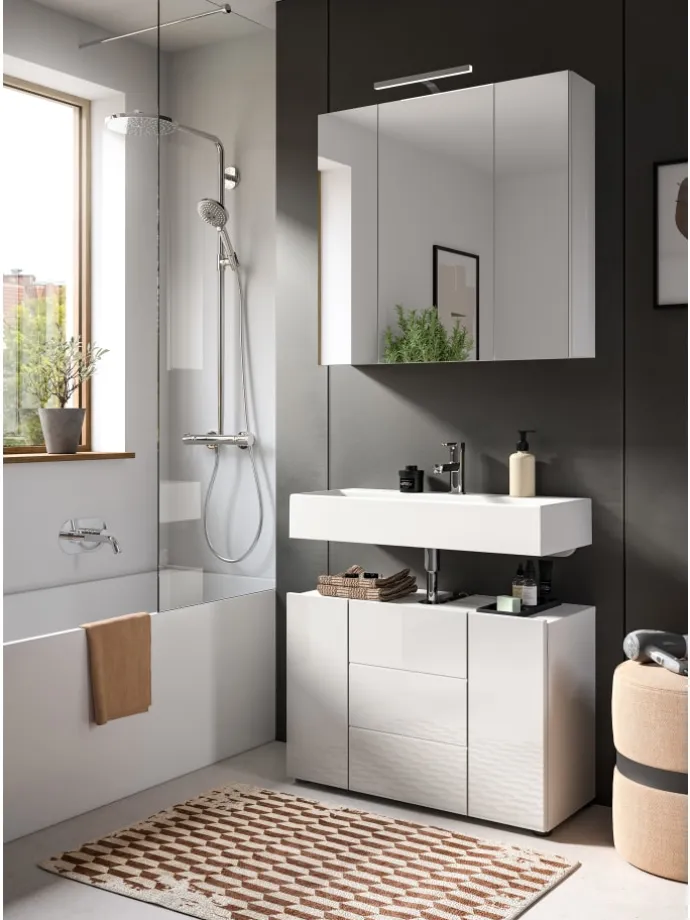 Spiegelschrank in weiß Melamin/weiß hochglanz - (B) 82 x (H) 77 x (T) 18