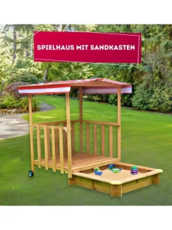 Spielhaus mit Sandkasten und Spielveranda in Natur