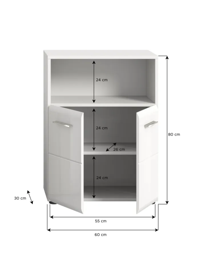 Standschrank breit in Weiß/Weiß Hochglanz - (B) 60 x (H) 80 x (T) 30