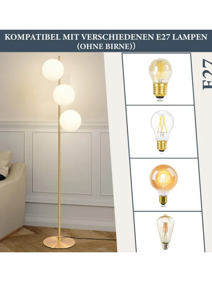 Stehlampe 3-flammige E27 in gold Glasschrim