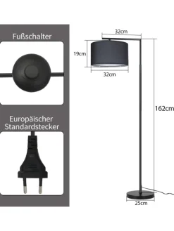 Stehlampe in schwarz H 162cm 1-flammige E27 schwenkbar 180°